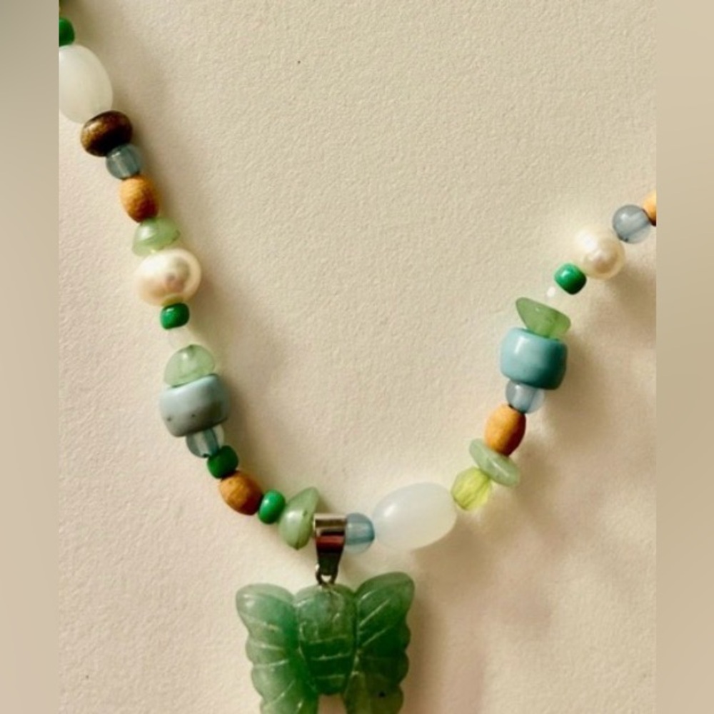 Vintage Necklace Aventurine Butterfly, Amazonite, Freshwater Pearls, Jasper 19”
